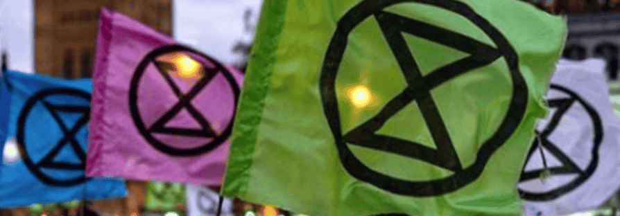 A photograph of several XR flags of various colors apparently being carried through a city street.