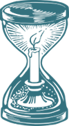 A cartoon image in green of a candle on a short holder burning inside an hourglass