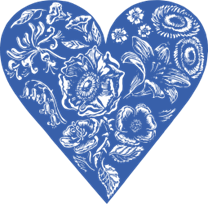 A cartoon image of a heart-shape in blue with various flowers in white inside it.