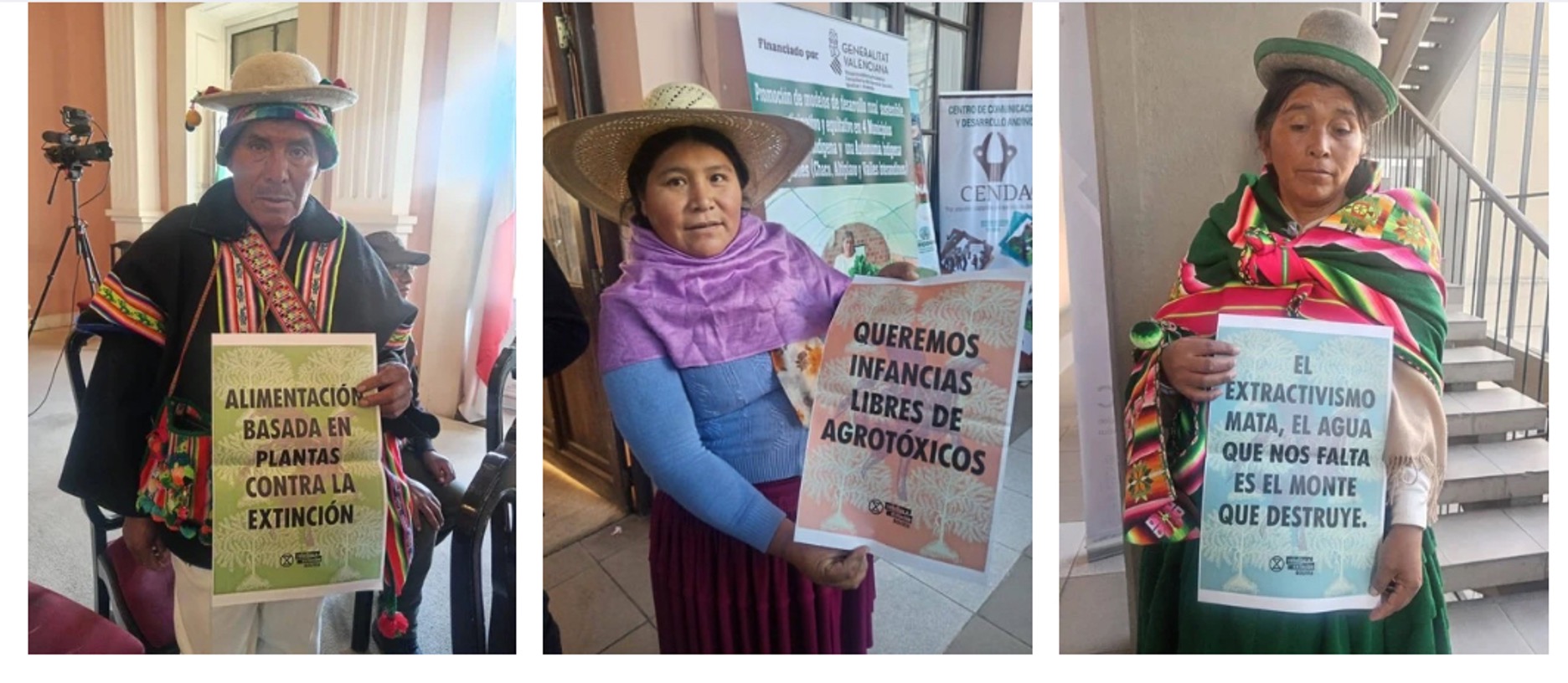 Three people, each in their own photo, but the photos are arranged in a line. All three wear clothing suggesting an Andes culture, all three hold signs and appear to be indoors. The signs are in Spanish and include diacritical marks that don't seem to be available for alt text, so they must be quoted without their marks. "Alimentacion basada en contra la extincion," "Queremos infancias libres de agrotoxicos," and "El extractivismo mata,el agua que nos falta es el monte que destruye."