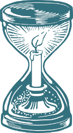 A cartoon image in green of a candle on a short holder burning inside an hourglass. It is clearly meant to suggest the XR logo.